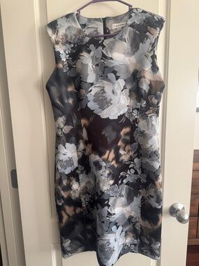 Calvin Klein Black, Gray and Taupe Floral Midi Dress NWOT